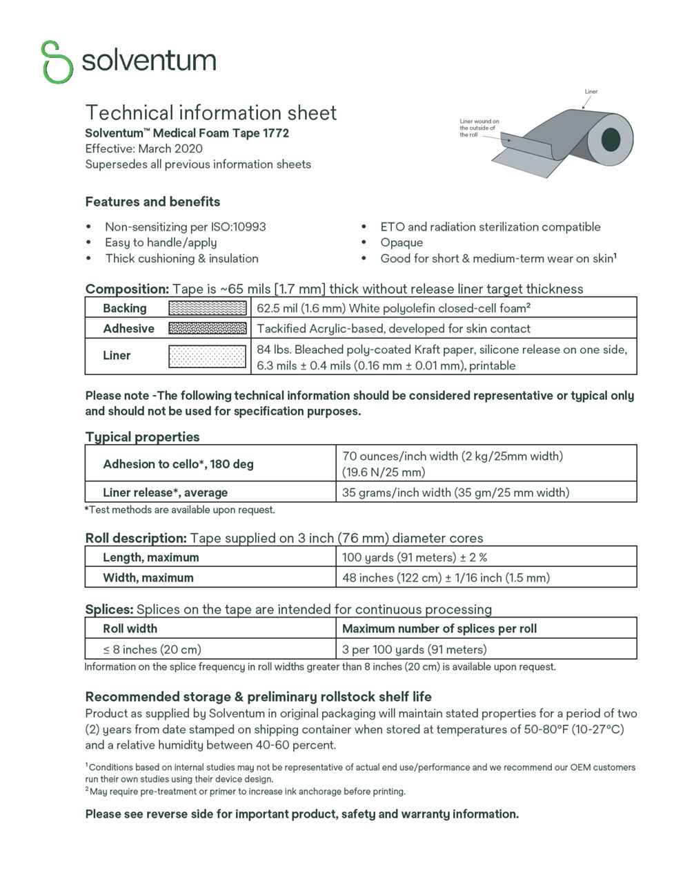 Solventum™ Medical Foam Tape 1772 Technical information sheet