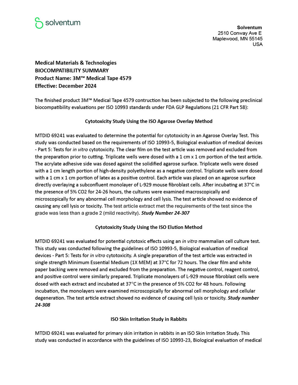 3M™ Medical Tape 4579 - Biocompatibility Summary