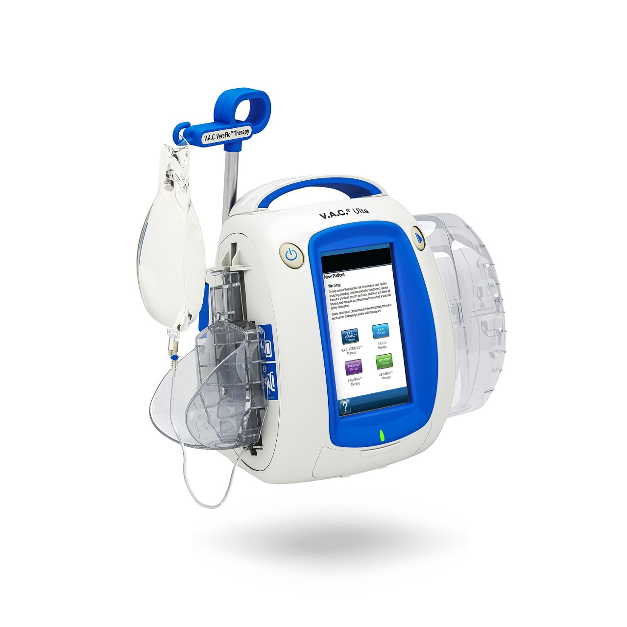 VAC Ulta Therapy Unit with saline bag and 1000 mL canister 3/4 angle product render on white background.