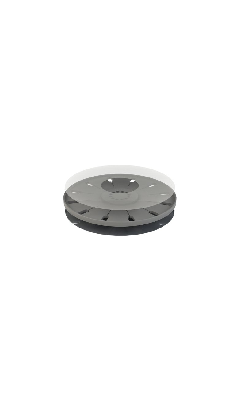 PNG image of a representitive microfluidic injection molded disc in iso view with exploded assembly layers