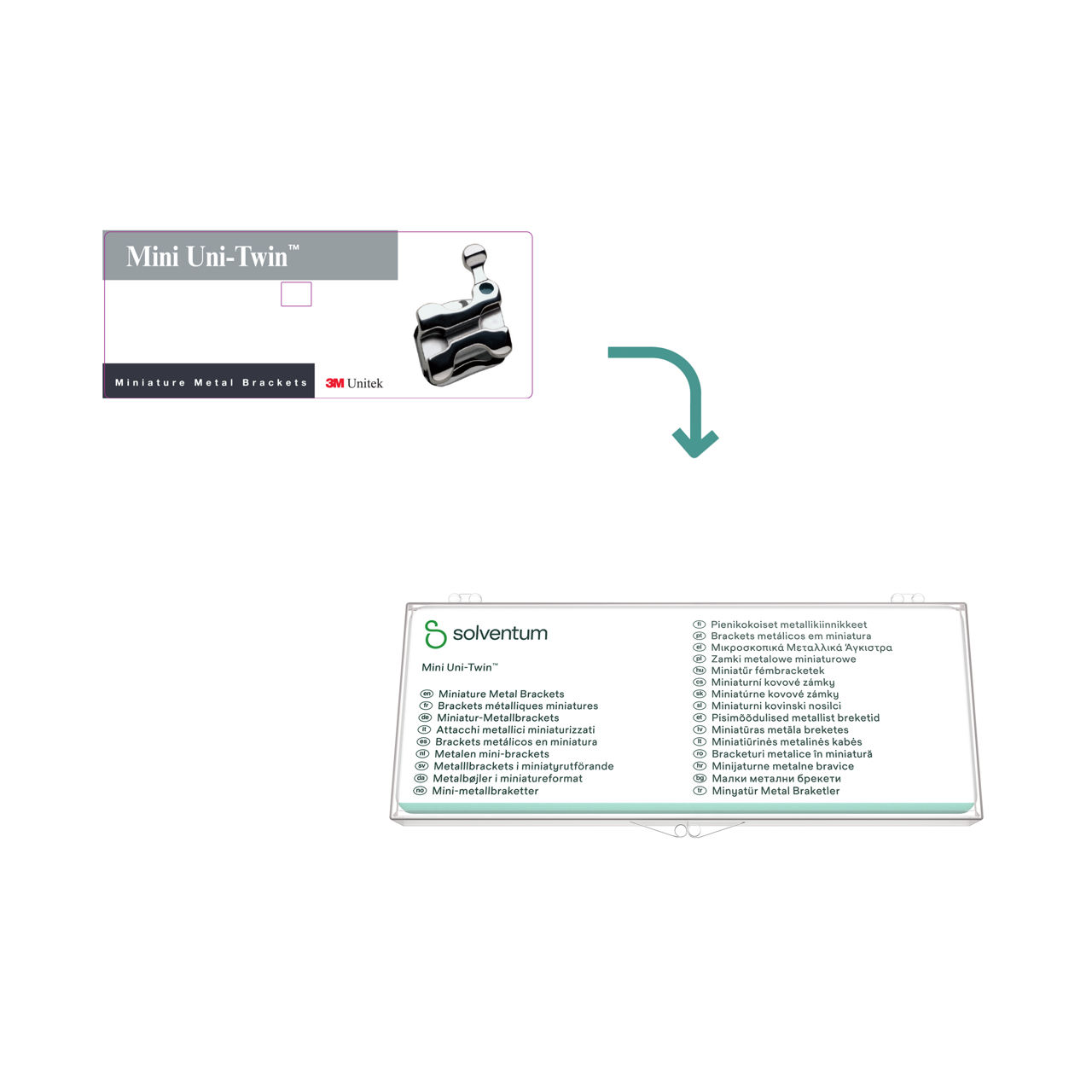 Transition to Solventum™ Mini Uni-Twin™ Metal Brackets - Front, Center, In Packaging (1C1)