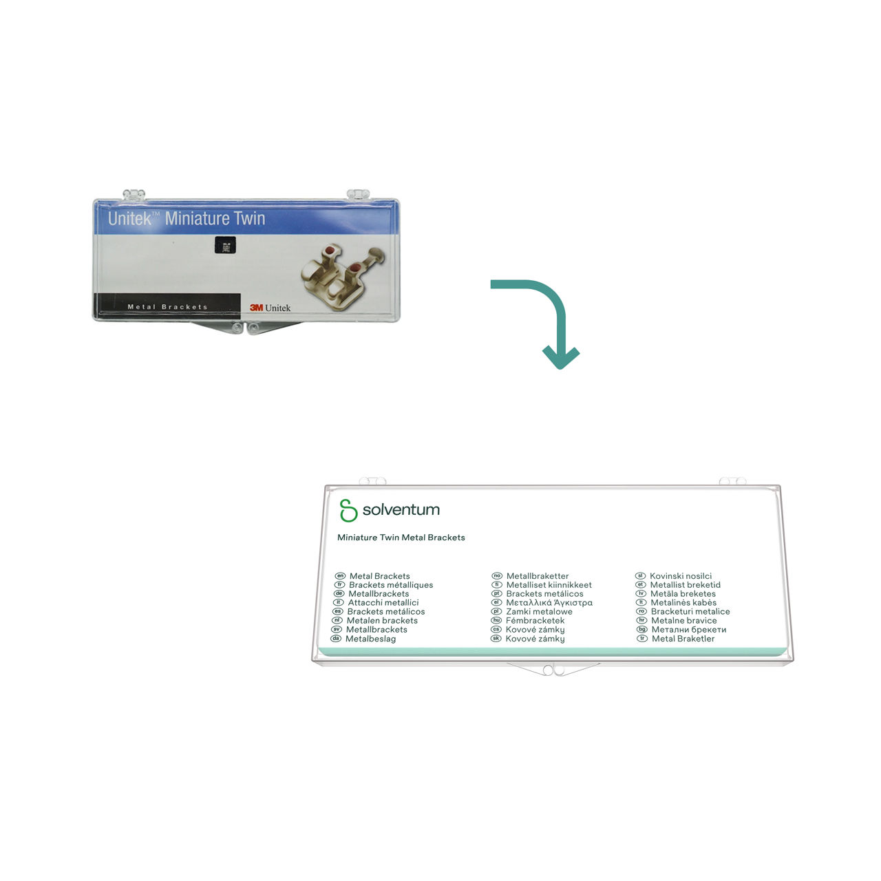 Transition to Solventum™ Miniature Twin Uncoated Metal Brackets and V-Slot Metal Brackets - Front, Center, In Packaging (1C1)