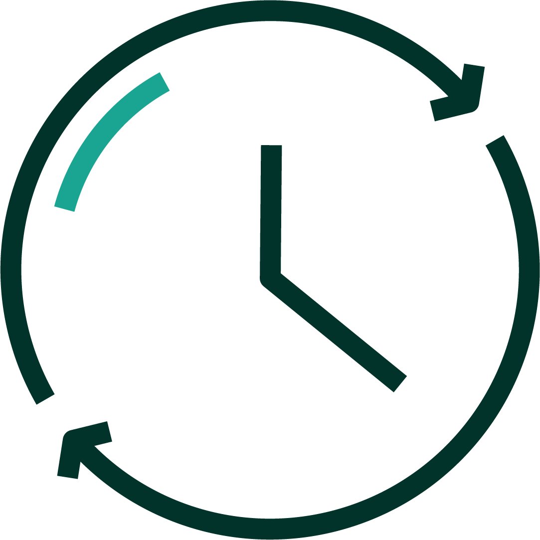 Una representación iconográfica de usos múltiples con círculos giratorios con dos flechas y una manecilla pequeña y grande en el centro para representar un reloj. Paleta de colores positivos verde oscuro y verde azulado.