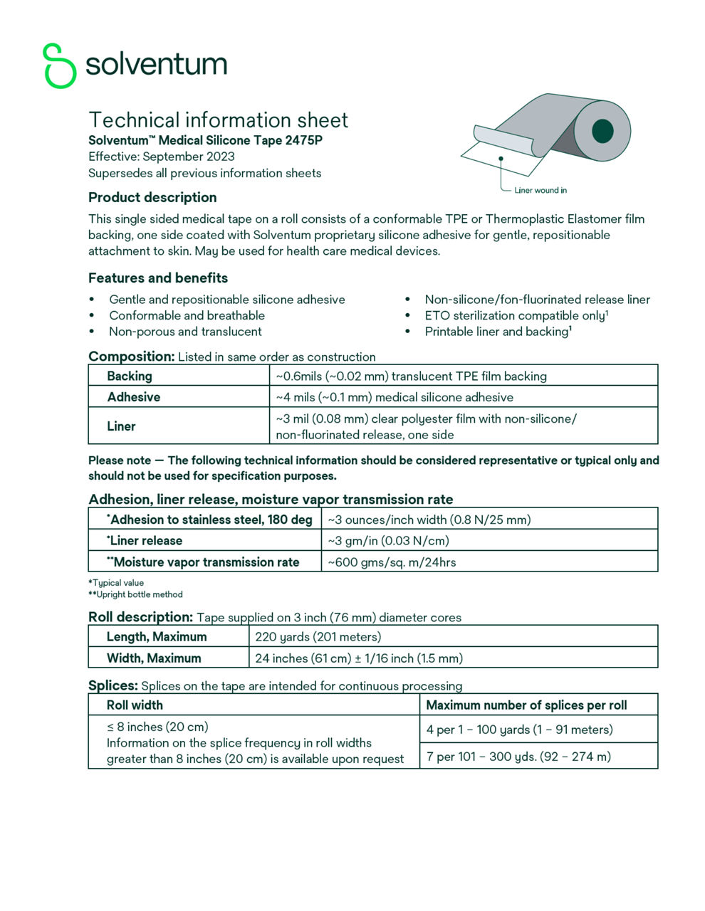 Solventum™ Medical Silicone Tape 2475P Technical Information Sheet