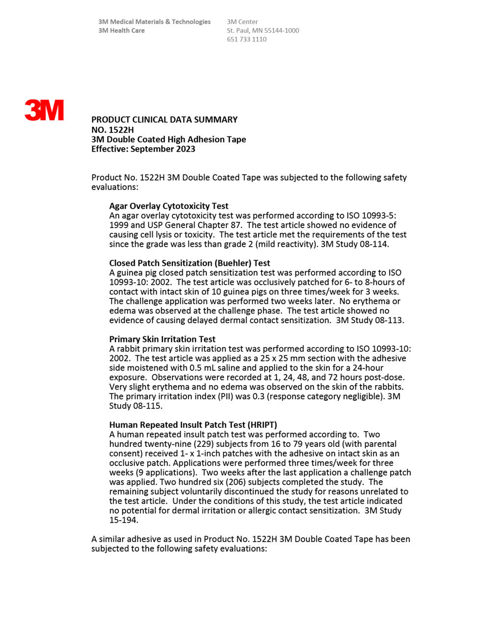 3M™ Medical Tape 1522H, Biocompatibility Summary