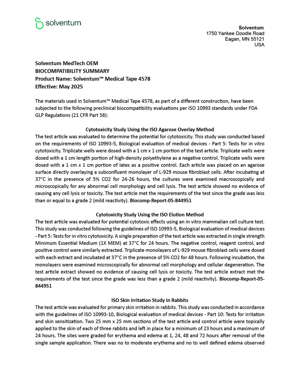 Solventum™ Medical Tape 4578 Biocompatibility Summary