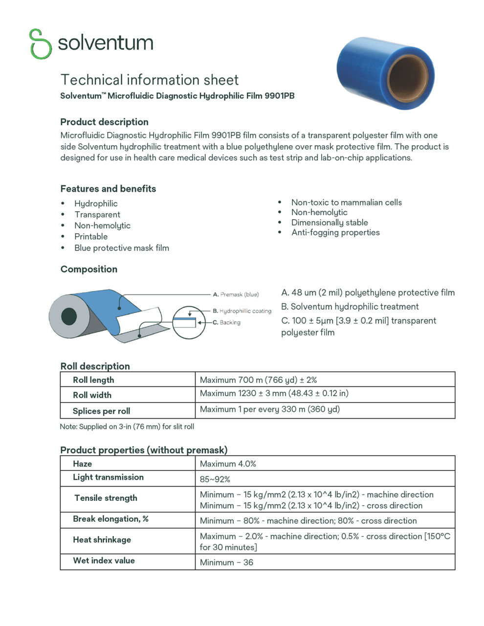 Solventum™ Microfluidic Diagnostic Hydrophilic Film 9901PB Technical information sheet