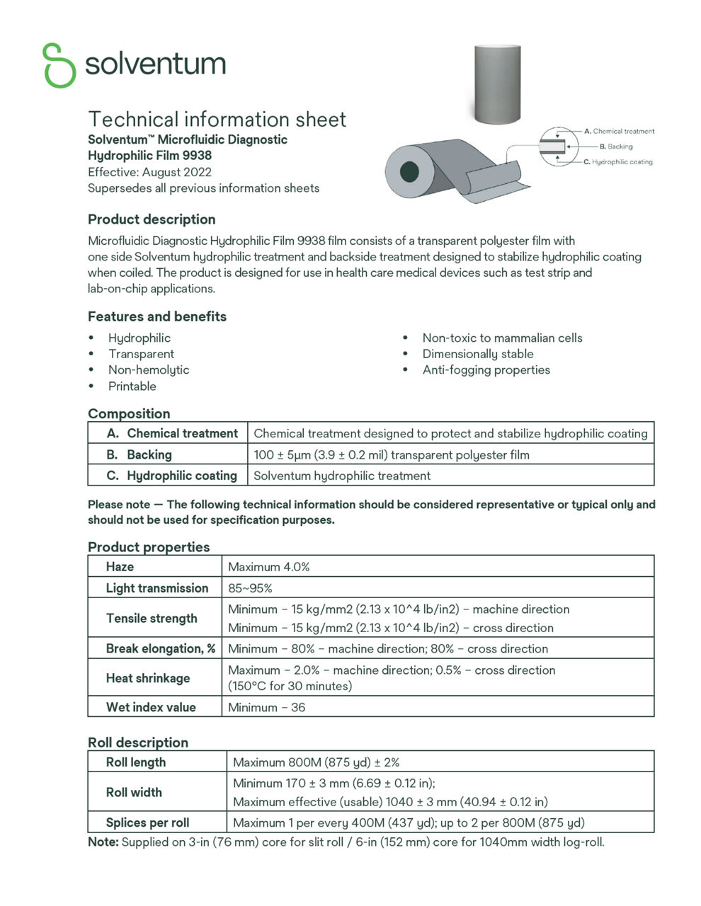 Solventum™ Microfluidic Diagnostic Hydrophilic Film 9938 Technical information sheet