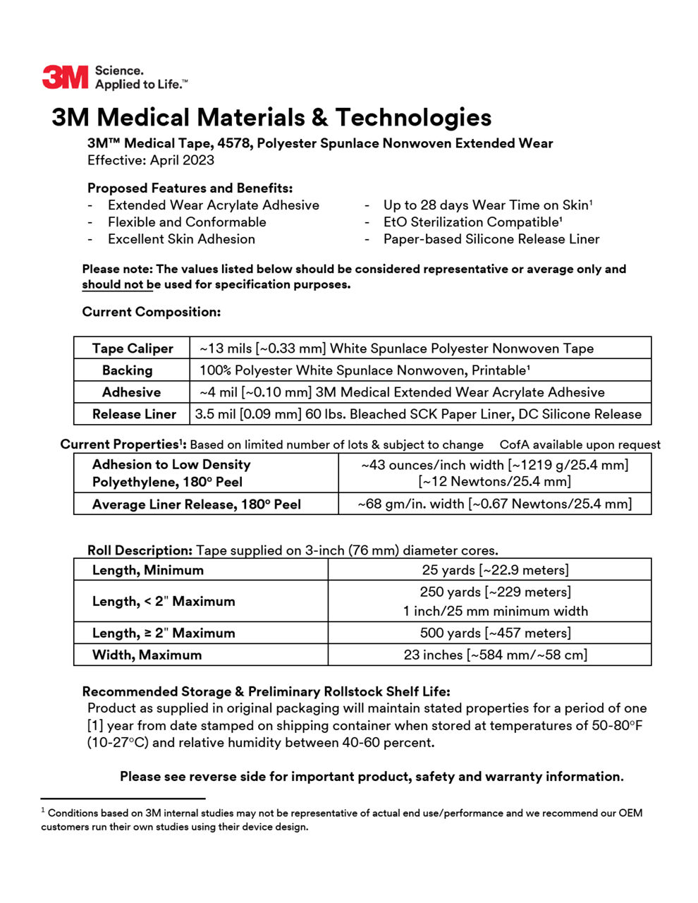 3M™ Medical Tape 4578, Technical Information Sheet