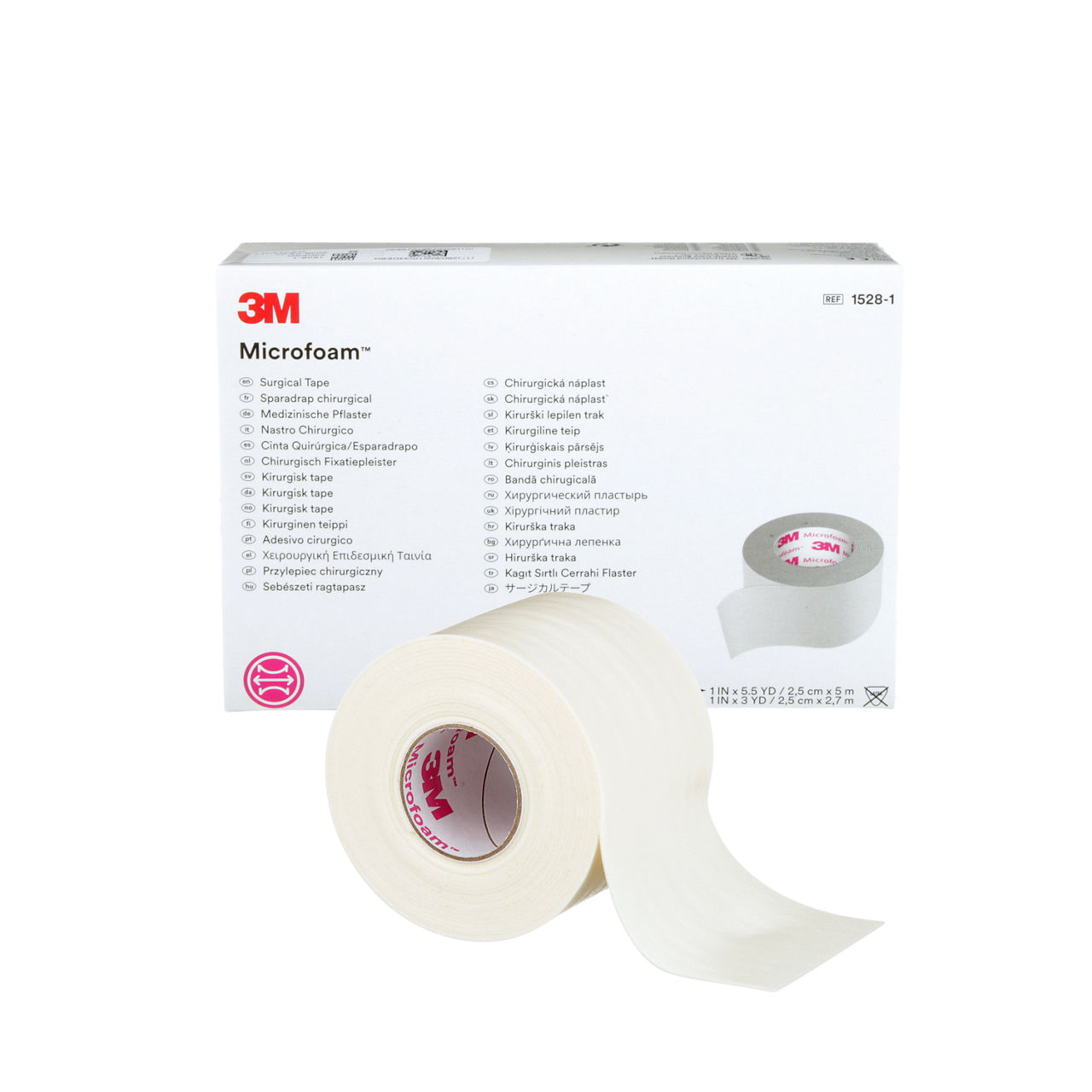 3M™ Microfoam™ Surgical Tape, 1528-1, 1 inch x 5 1/2 yard (2,5cm x5m),Stretched, 12 Rolls/Carton, 6 Cartons/Case
