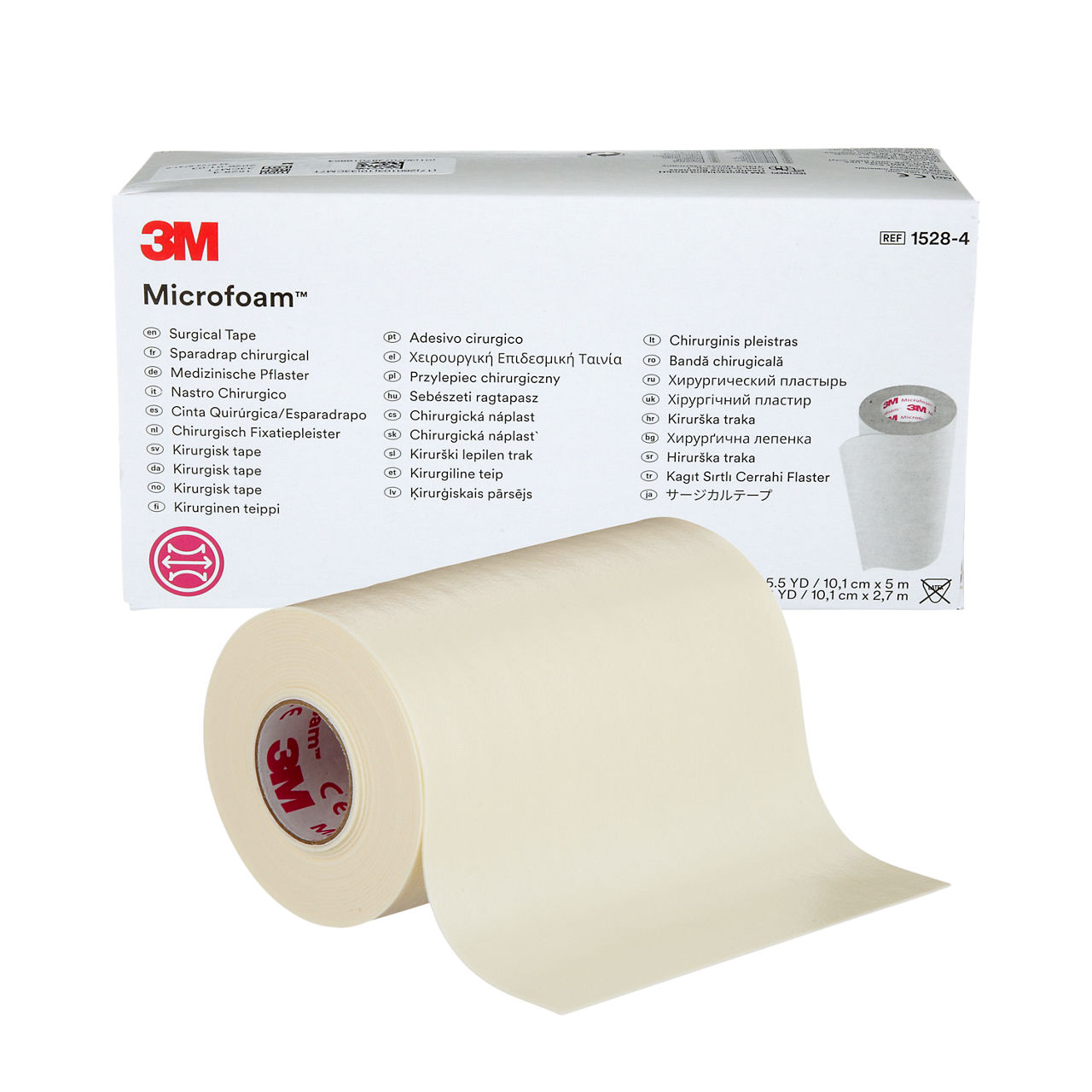 3M™ Microfoam™ Surgical Tape, 1528-4, 4 inch x 5 1/2 yard (10cm x 5m),Stretched, 3 Rolls/Carton, 6 Cartons/Case