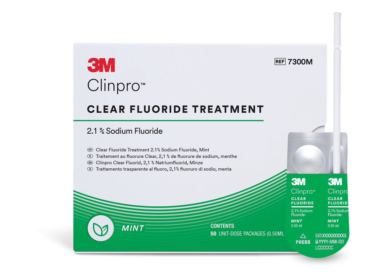 Traitement au fluor transparent Clinpro™ 3M™, menthe, boîte de 50 unités, vue de face avec LPop, cmyk, tif