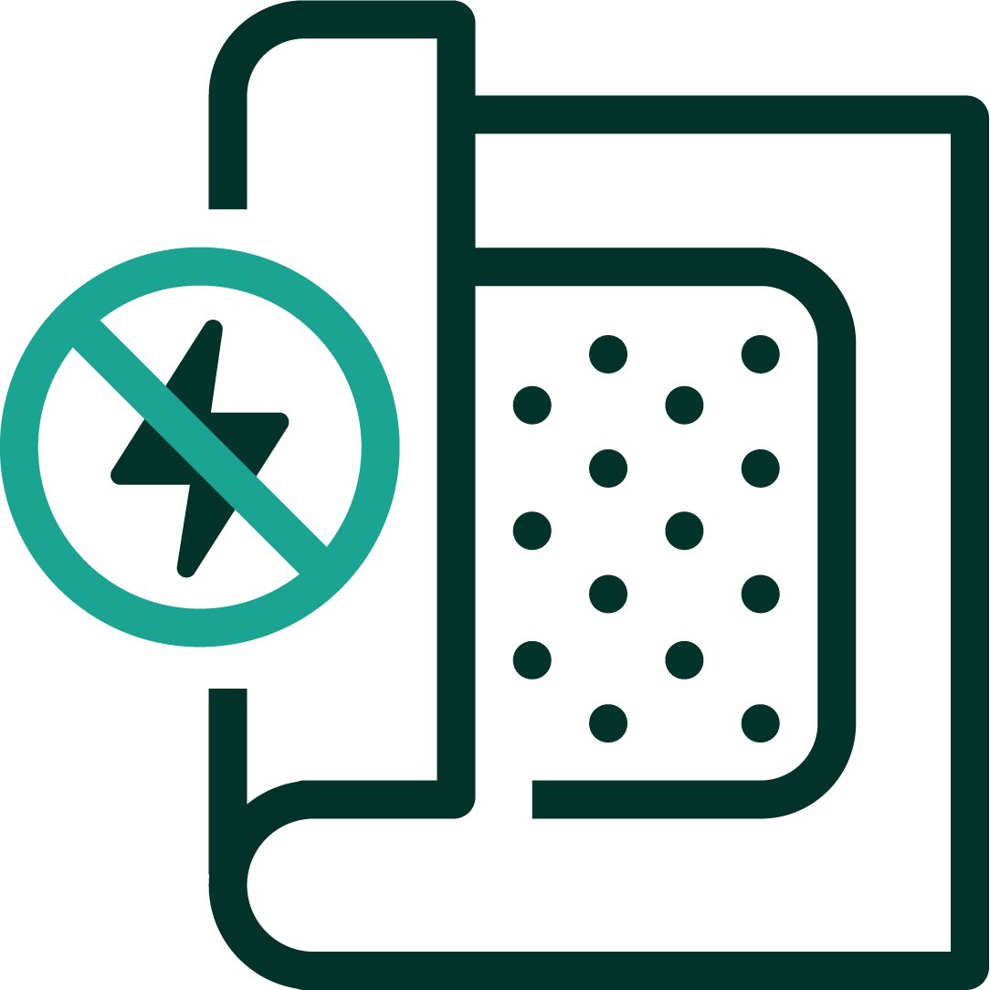 En ikonografisk representation av ett bandage som tas bort och en förbjuden-symbol över en blixt. Mörkgrön och teal positiv färgpalett.