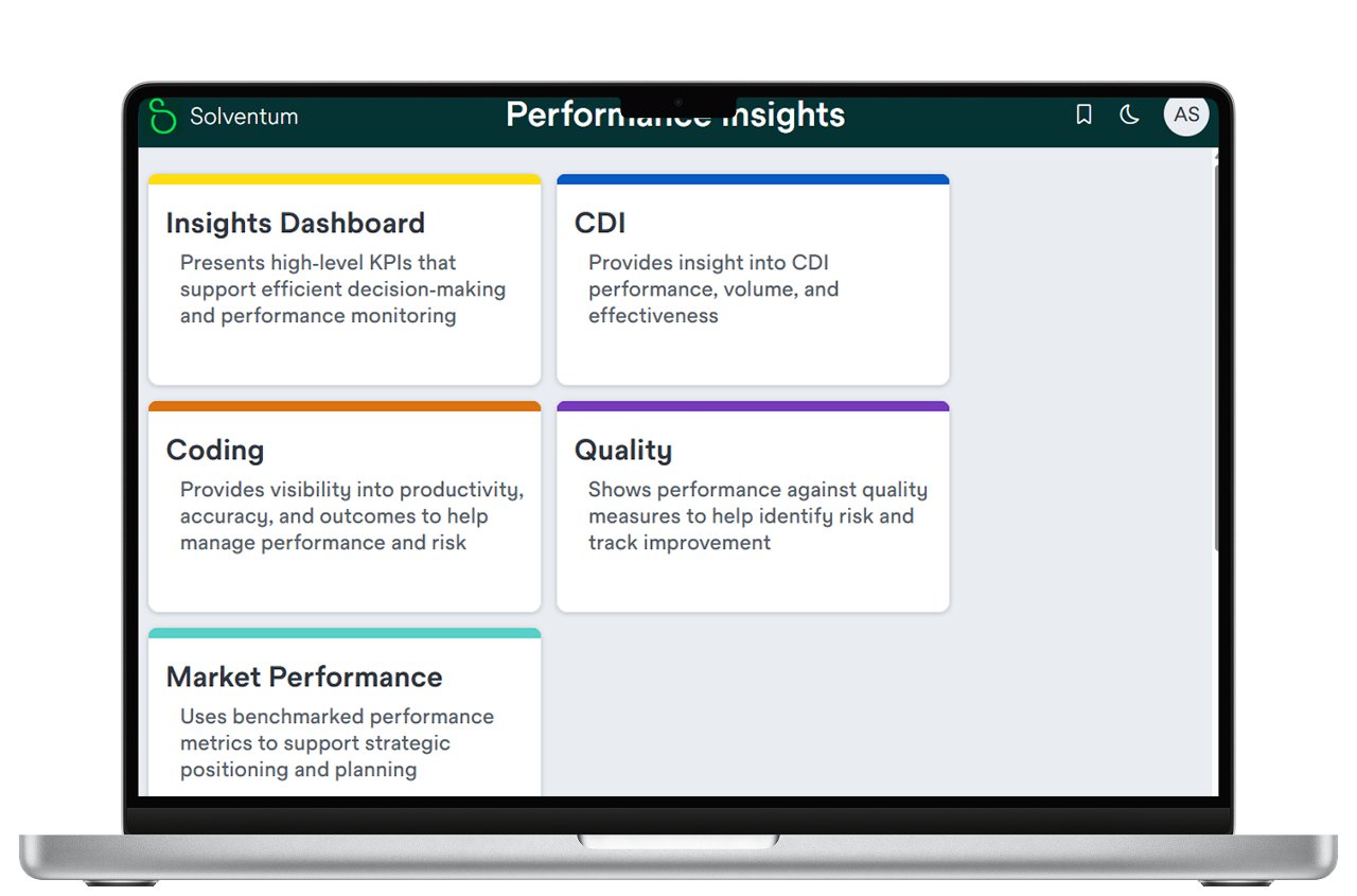 A laptop with a screen showing the Solventum Peformance Insights dashboard
