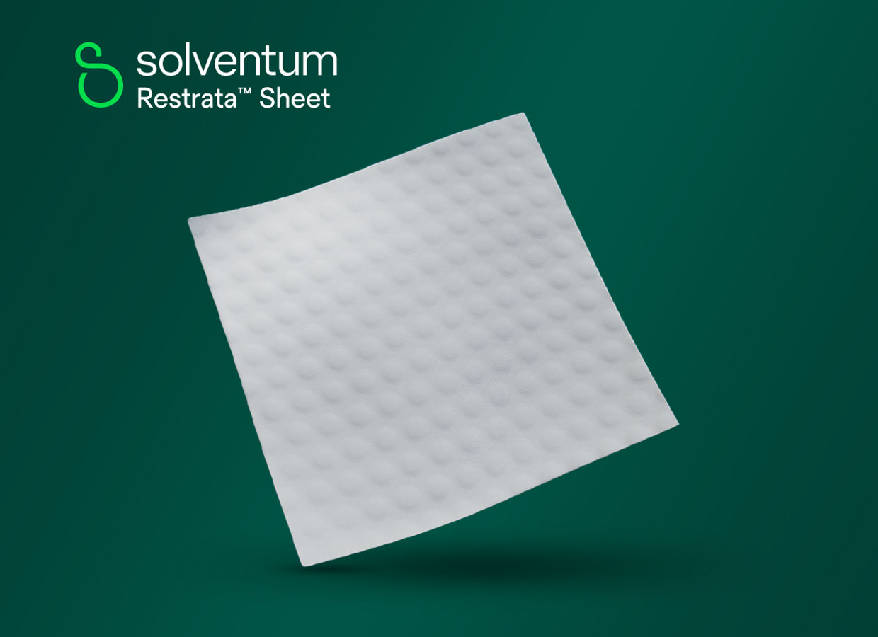 Promotional image featuring Restrata™ Sheet product name and Solventum logo on a clean background.