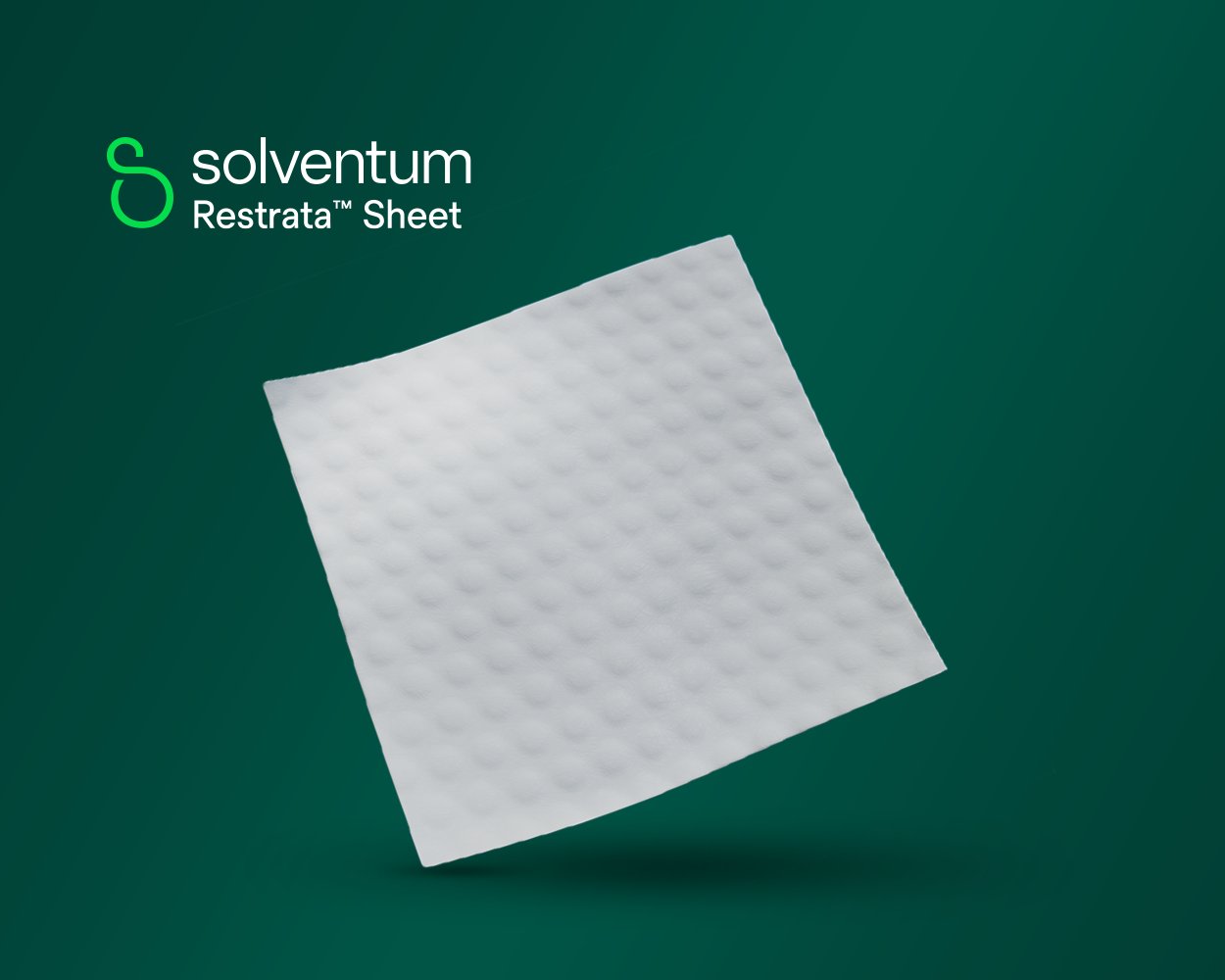 Promotional image featuring Restrata™ Sheet product name and Solventum logo on a clean background.