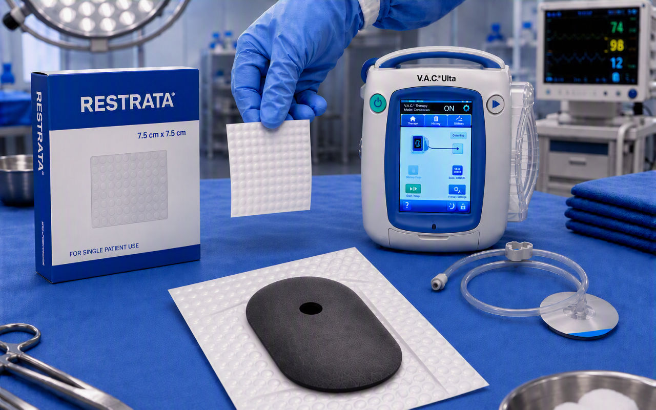Blue gloved hand holding a sheet of Restrata electrospun fiber matrix displayed alongside VAC negative pressure wound therapy systems in a hospital operating room setting.