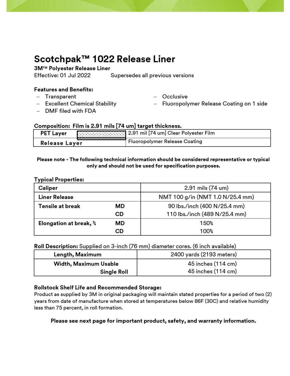 3M™ Scotchpak™ Release Liner 1022, Technical Information Sheet