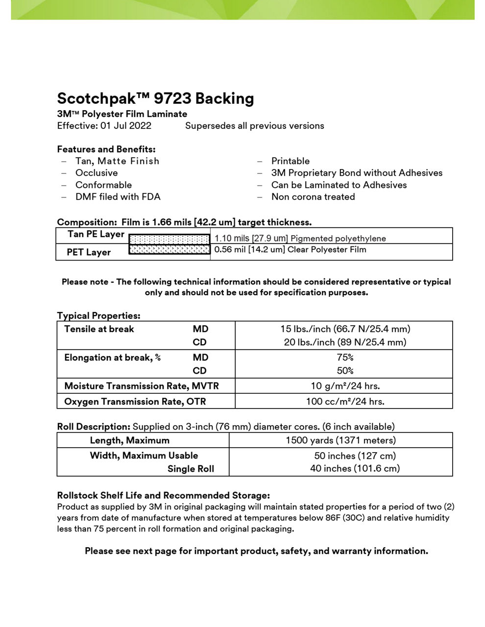 3M™ Polyester Backing Film Laminate 9723, Technical Information Sheet