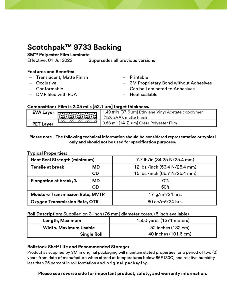 3M™ Polyester Backing Film Laminate 9733, Technical Information Sheet