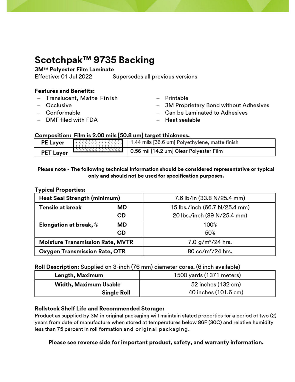 3M™ Polyester Backing Film Laminate 9735, Technical Information Sheet