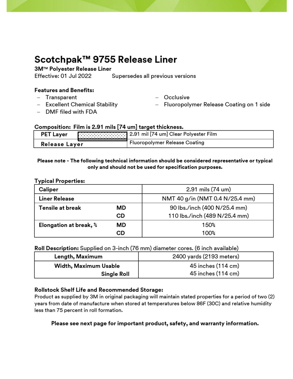 3M™ Scotchpak™ Fluoropolymer Coated Release Liner 9755, Technical Information Sheet