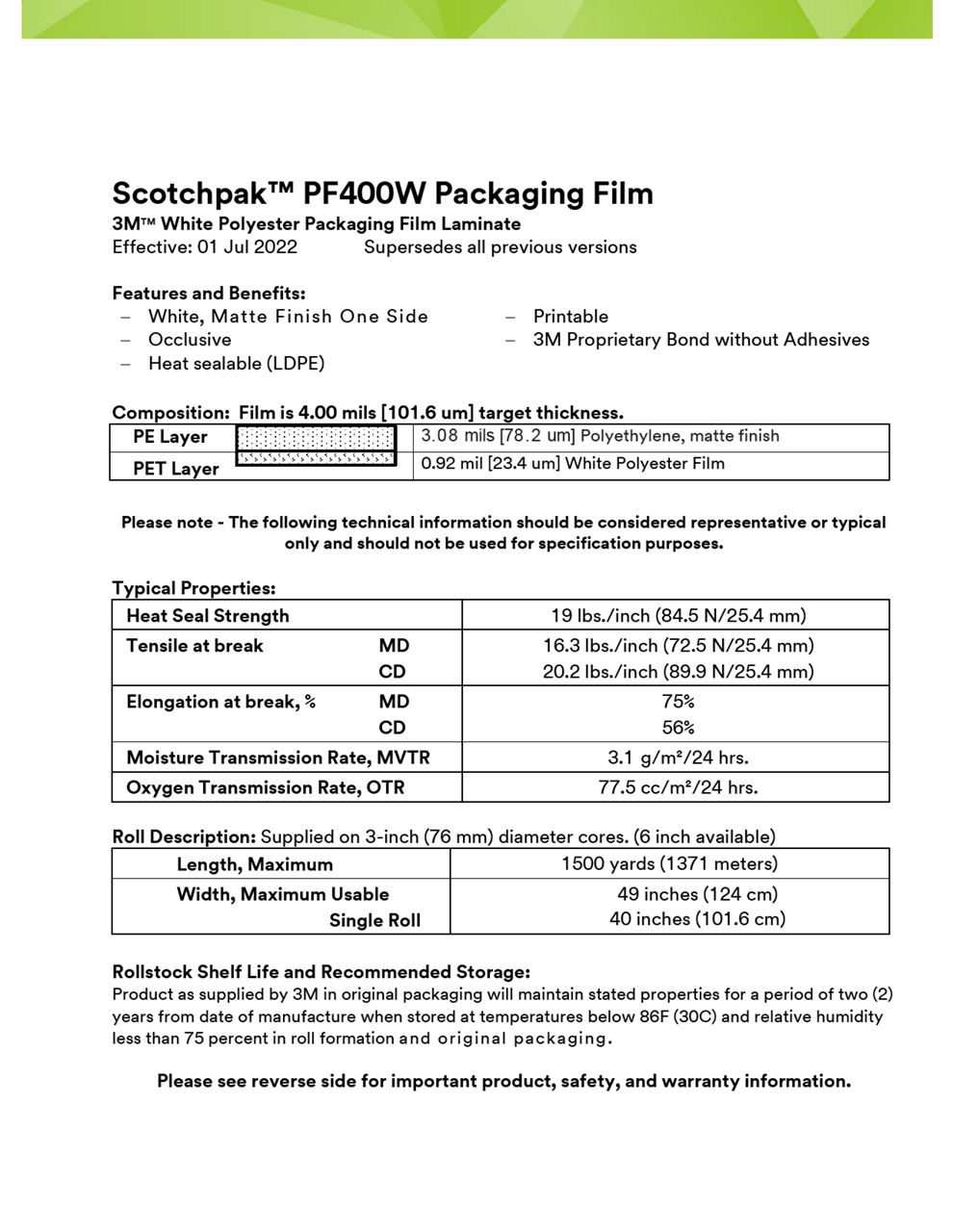 3M™ Polyester Packaging Film Laminate PF400W, Technical Information Sheet