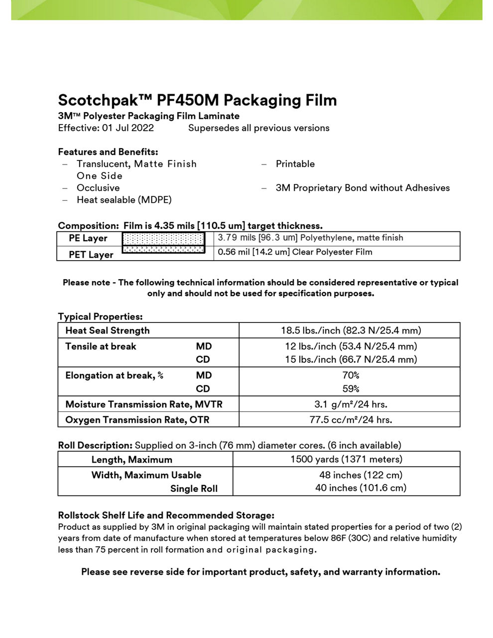3M™ Polyester Packaging Film Laminate PF450M, Technical Information Sheet
