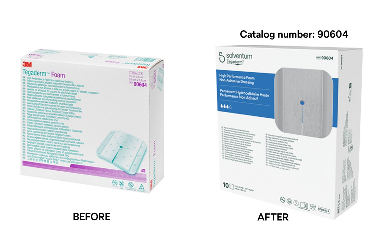 Packaging transition image showing the change from 3M™ Tegaderm™ Foam, Catalog No. 90604 (before), to Solventum™ Tegaderm™ High Performance Foam Non-Adhesive Dressing, Catalog No. 90604 (after). Front-left packaging view displayed on a transparent background for branding and packaging comparison.