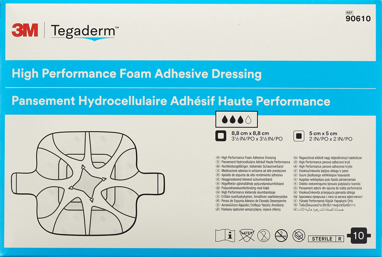 3M™ Tegaderm™ Foam Adhesive hochleistungsfähiger, klebender Schaumverband, 90610, 8,8 cm x 8,8 cm, 10 / Packung, quadratisch mit Kleberand