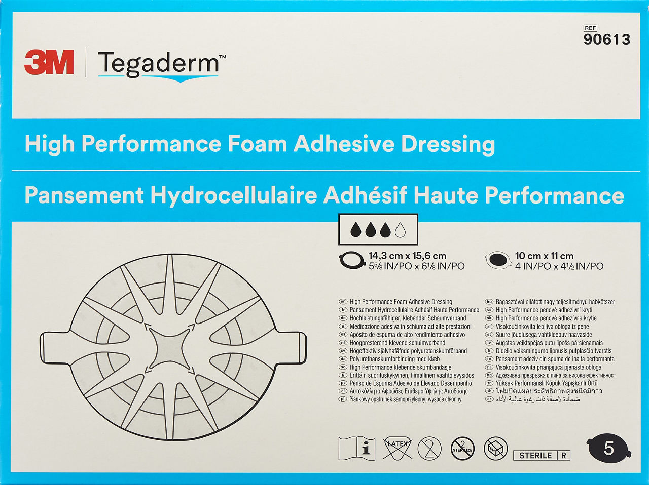 3M™ Tegaderm™ Foam Adhesive hochleistungsfähiger, klebender Schaumverband, 90613, 14,3 cm x 15,6 cm, 5 / Packung, oval mit Kleberand