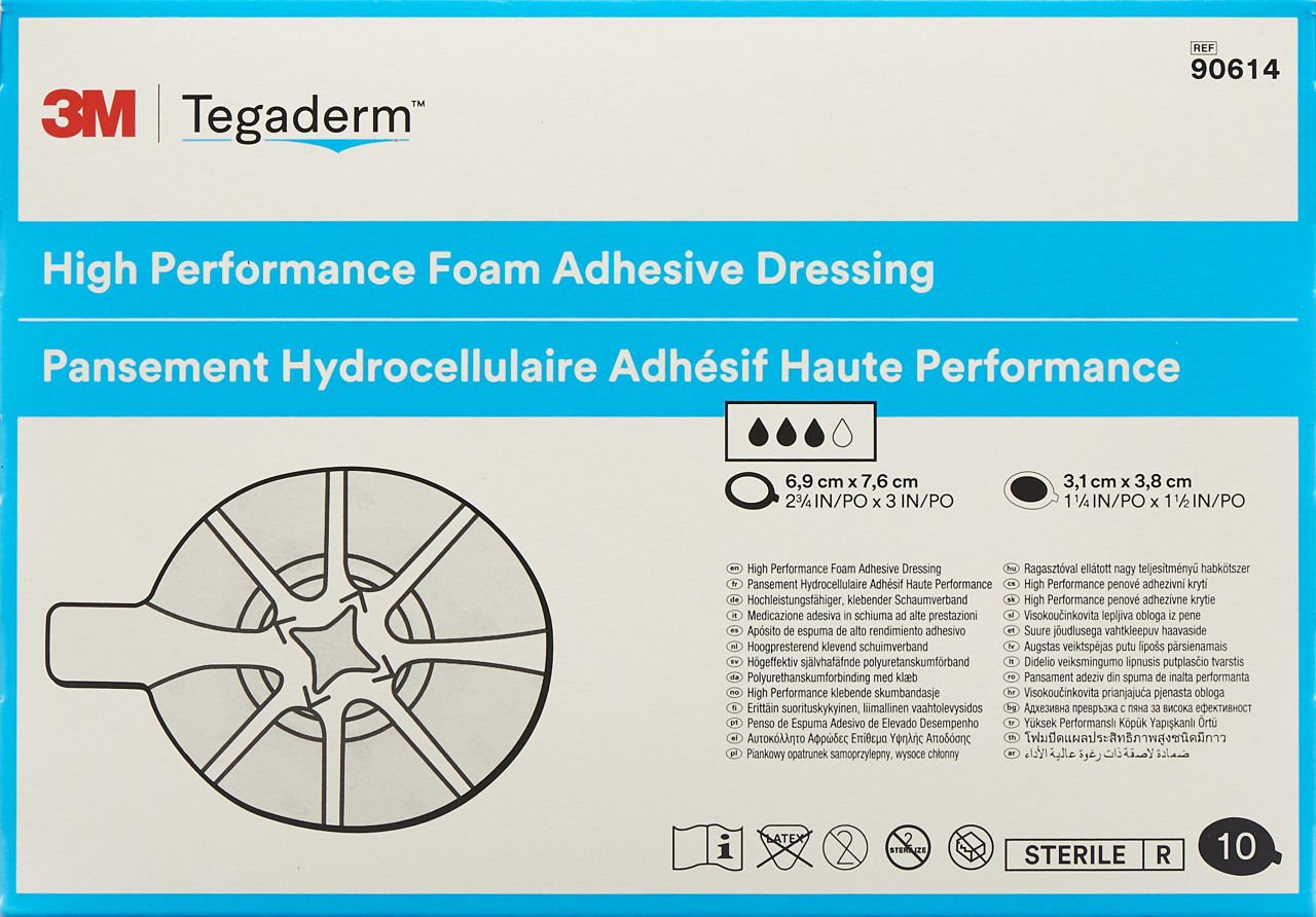 3M™ Tegaderm™ Foam Adhesive hochleistungsfähiger, klebender Schaumverband, 90614, 6,9 cm x 7,6 cm, 10 / Packung, oval mit Kleberand