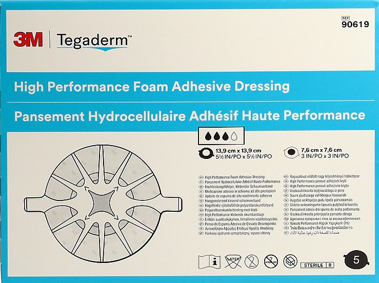 3M™ Tegaderm™ Foam Adhesive hochleistungsfähiger, klebender Schaumverband, 90619, 13,9 cm x 13,9 cm, 5 / Packung, rund mit Kleberand