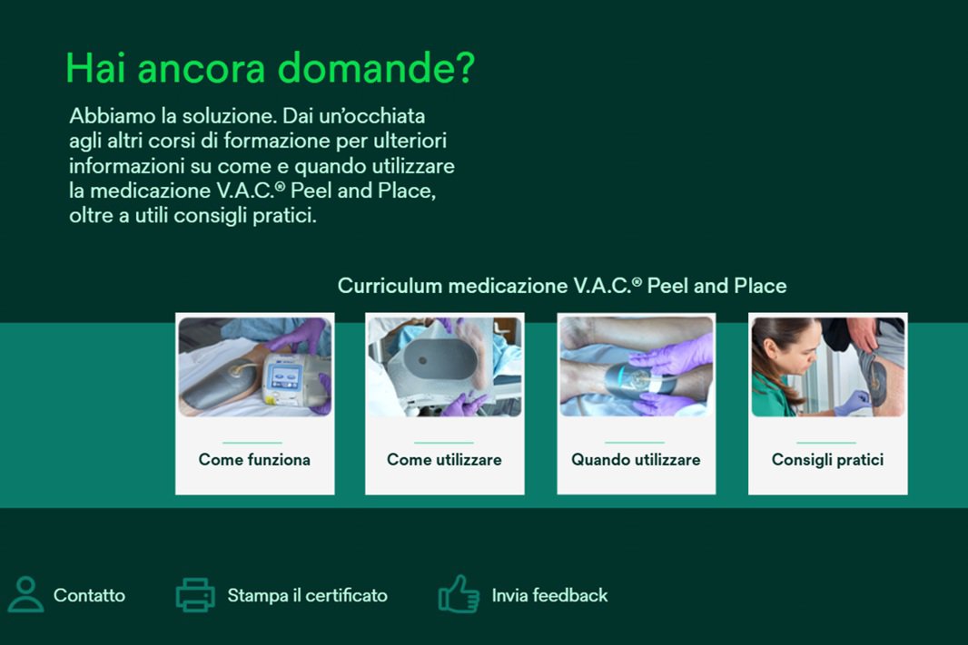 Immagine di anteprima dei moduli e-learning della medicazione Solventum™ V.A.C.® Peel and Place con curriculum; come funziona; come e quando utilizzare e consigli pratici.