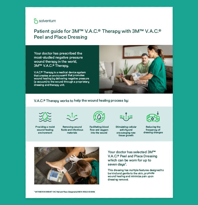 Graphic of the VAC Peel and Place Dressing Kit Patient guide showing benefits, icons, and a clinician demonstrating care to a patient at home.