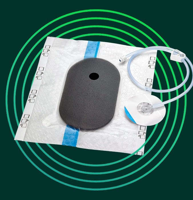 Product image graphic of VAC Peel and Place Dressing Kit with SensaTRAC pad within 4 green gradient circles on a dark green background.