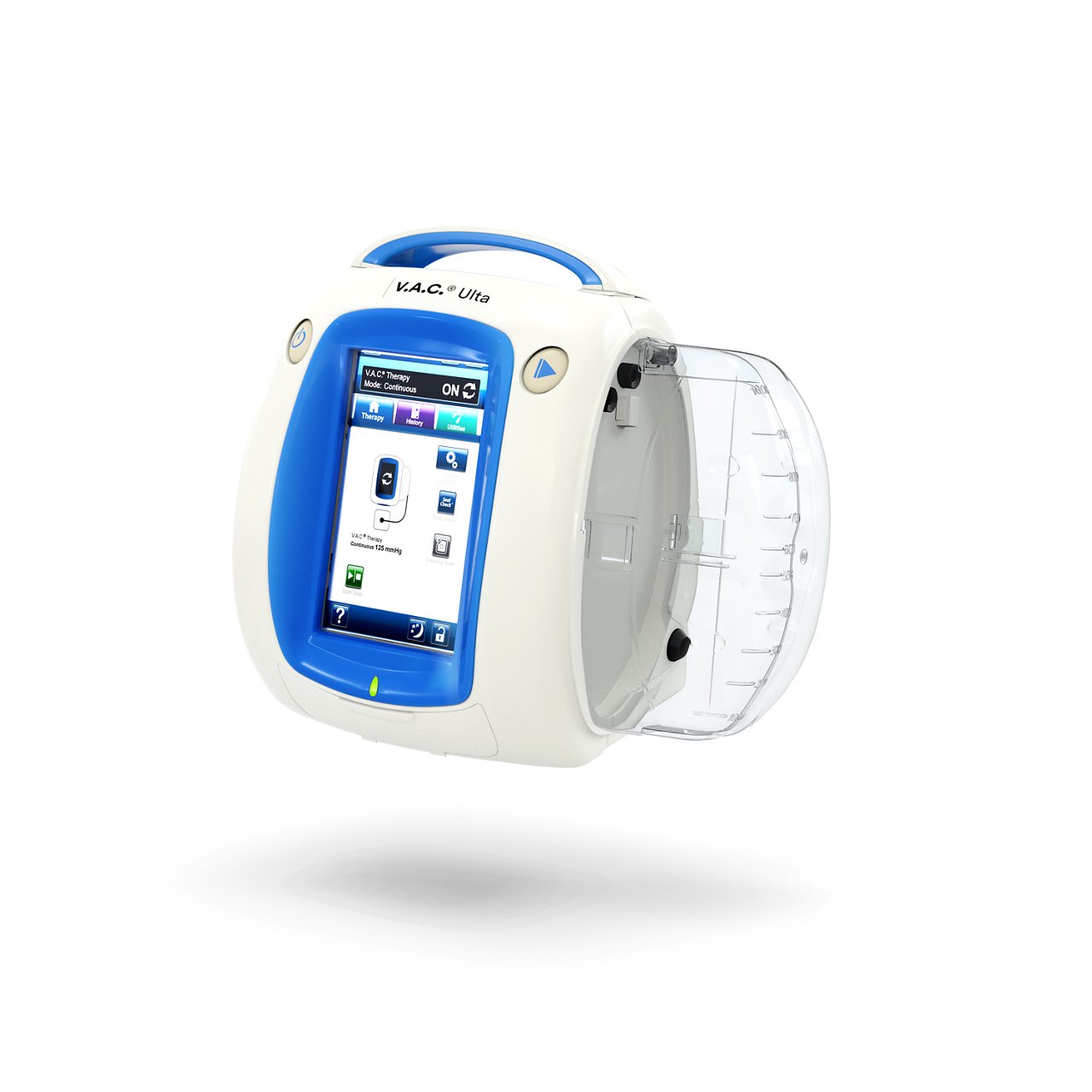 VAC Ulta Therapy Unit with VAC Veralink Cassette and canister 3/4 angle product render on white background.