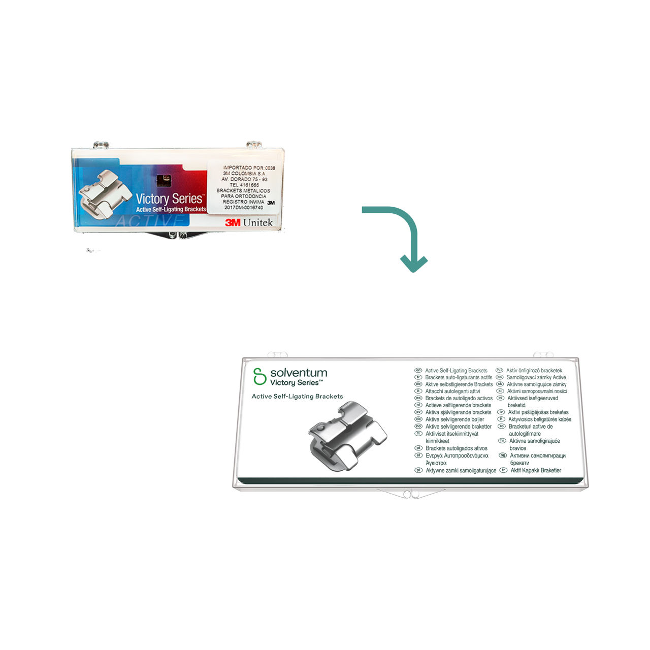 Solventum™ Victory Series™ Active Self-Ligating Brackets with APC™ Plus Adhesive, 5/PAC - Front, Center, In Packaging (1C1)