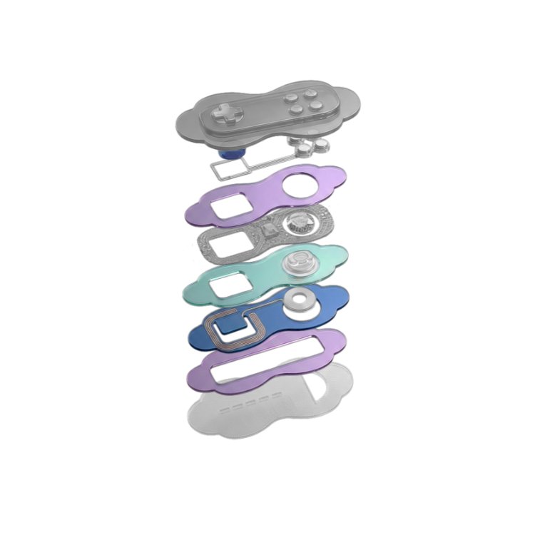 Exploded view of a wearable device showing the assembly of the stacked flexible sensor layers, circuitry, and a top controller with buttons.