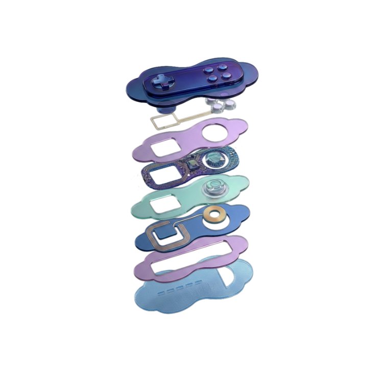 Exploded view of a wearable device showing stacked flexible sensor layers, circuitry, and a top controller with buttons.