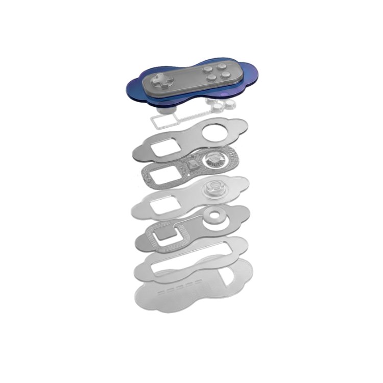 Exploded view of a wearable device showing stacked flexible sensor layers, circuitry, and a top outer layer controller with buttons.