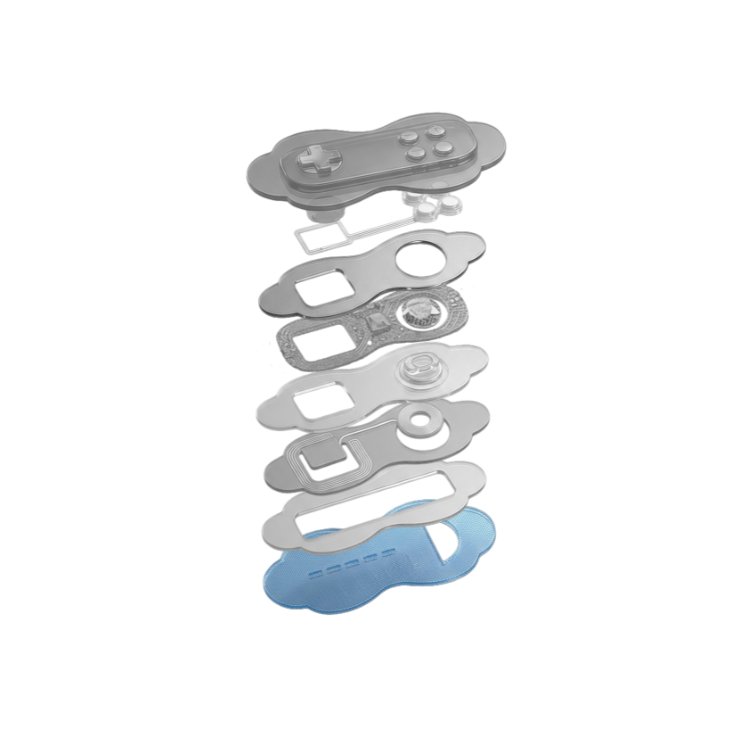 Exploded view of a wearable device showing stacked flexible sensor layers, circuitry, and a top controller with buttons, with the bottom skin contact layer highlighted.